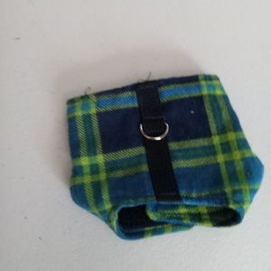 HAND MADE DOG HARNESS. BLUE AND GREEN PLAID.  VERY SMALL. 2 LB DOG